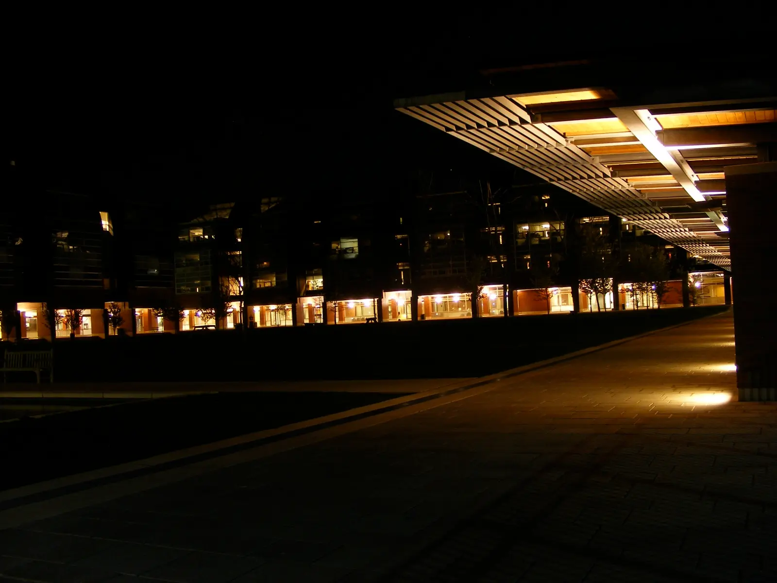 Edificios de un campus universitario iluminados de noche