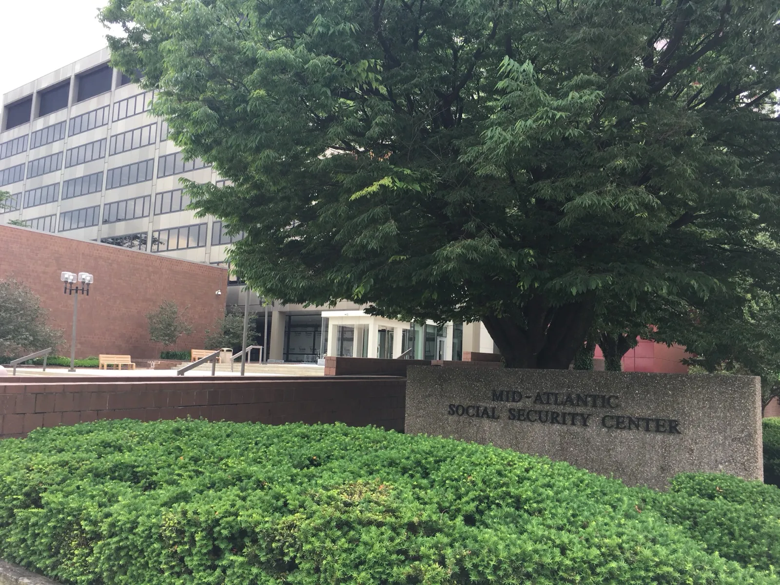 Letrero del Mid-Atlantic Social Security Center, un centro de la Administración del Seguro Social, frente a un árbol grande